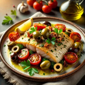 Quick Mediterranean Baked Halibut with Olives and Tomatoes Easy Mediterranean Baked Halibut Recipe with Olives and Tomatoes